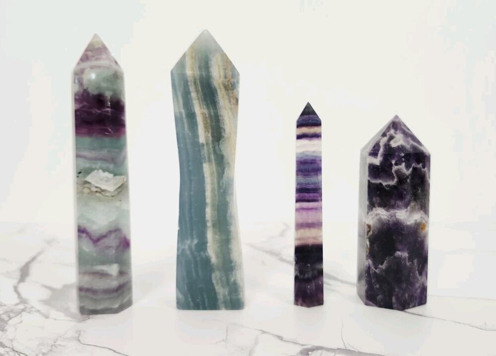 Lot of 4 Crystal Towers Rainbow Fluorite Chevron Amethyst Blue Onyx Calcite